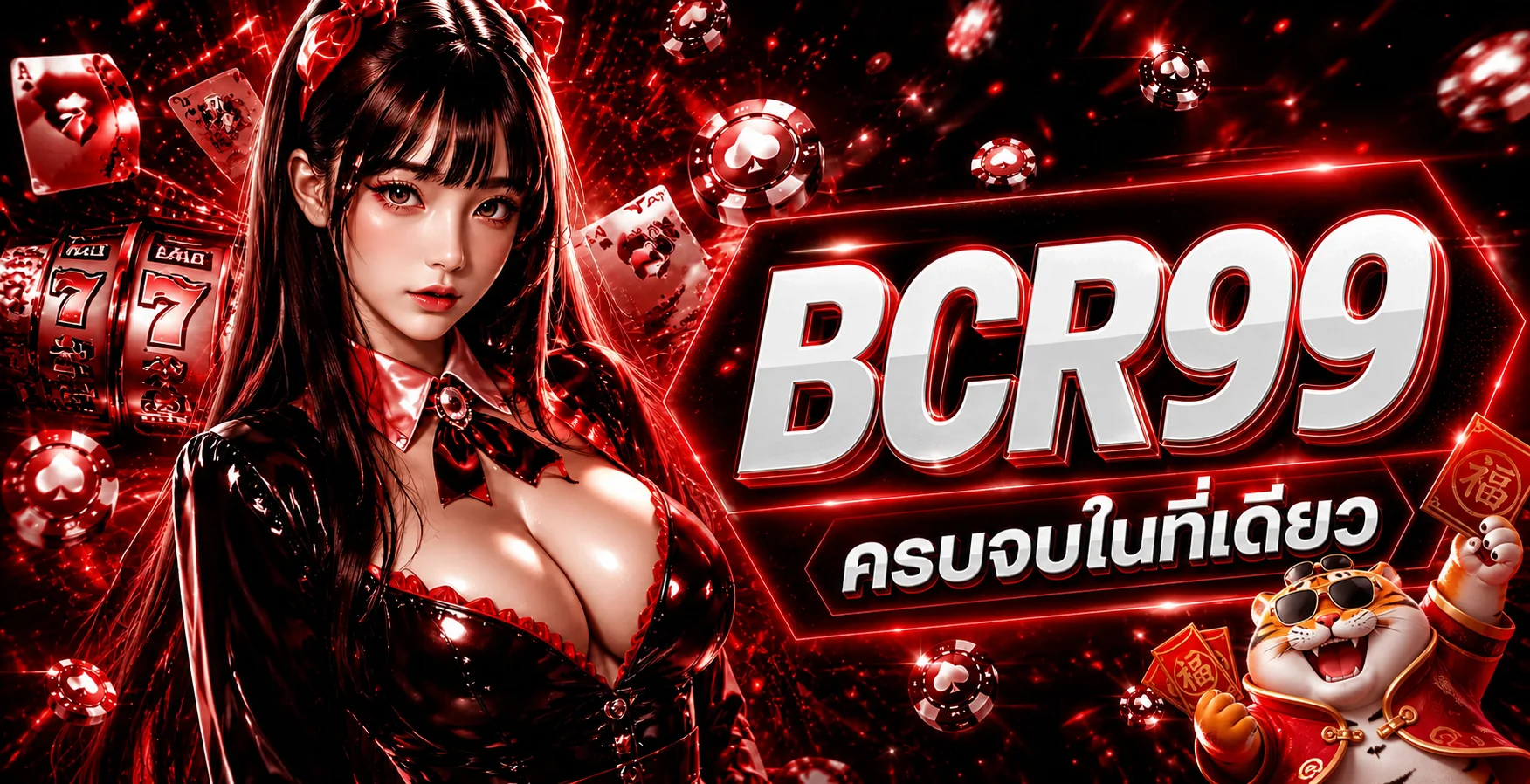 แบนเนอร์ BCR99 เว็บตรง พร้อมตัวละครเสือและโทนแดงดำ